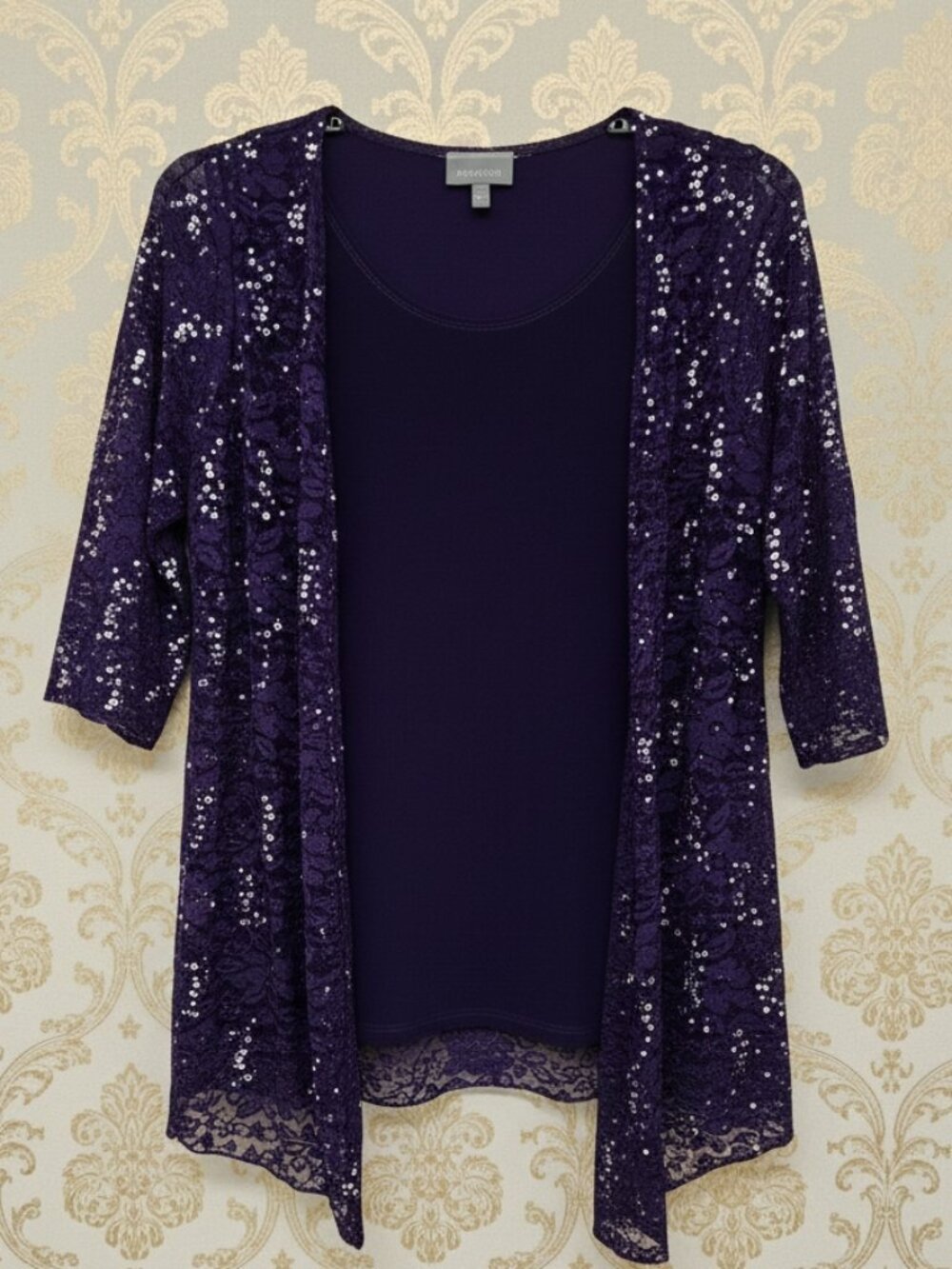 Essentials*Purple Sequin Lace 2-in-1*Open Front Cardigan Set*Size:0X (XL)
